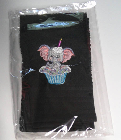 Black machine embroidered kitchen towel with elephant in cup cake. FREE SHIPPING