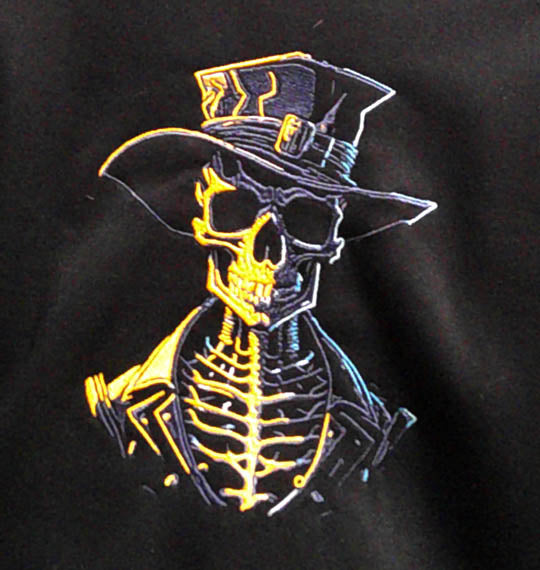 Black hooded one of a kind sweatshirt with machine embroidery skulls Size L