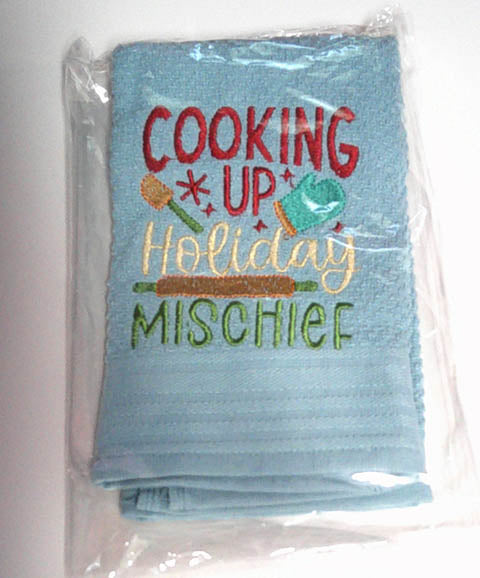 Blue kitchen towel with holiday theme machine embroidered on the front FREE SHIPPING