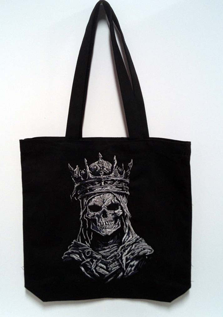 Black canvas tote with skeleton head