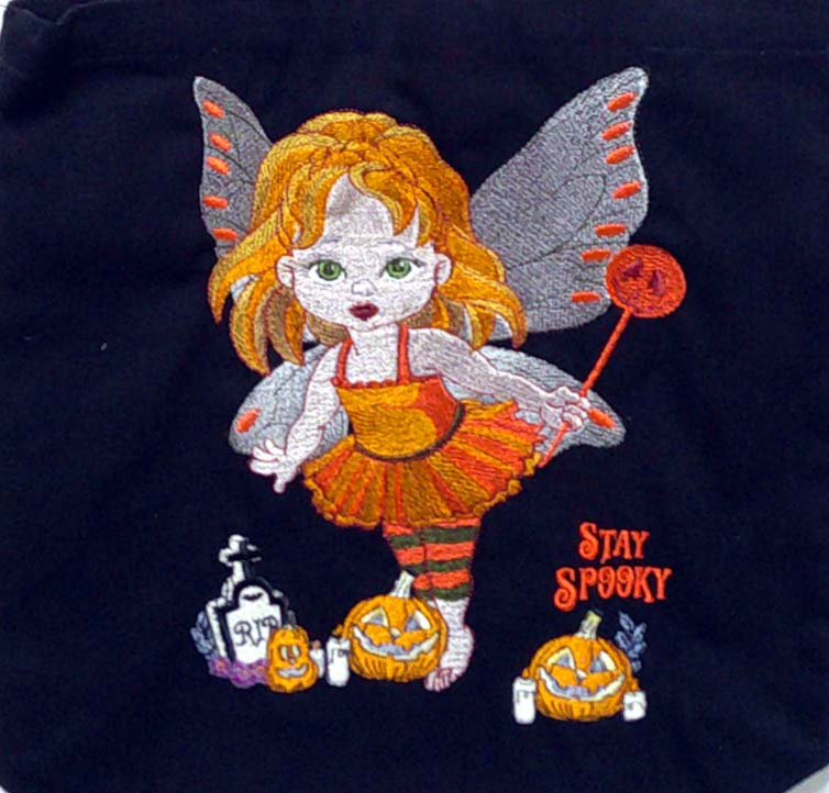 Black canvas tote with little girl fairy