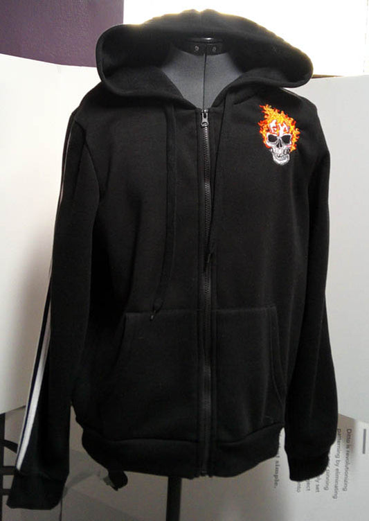 Black hooded one of a kind sweatshirt with machine embroidery skulls  Size L