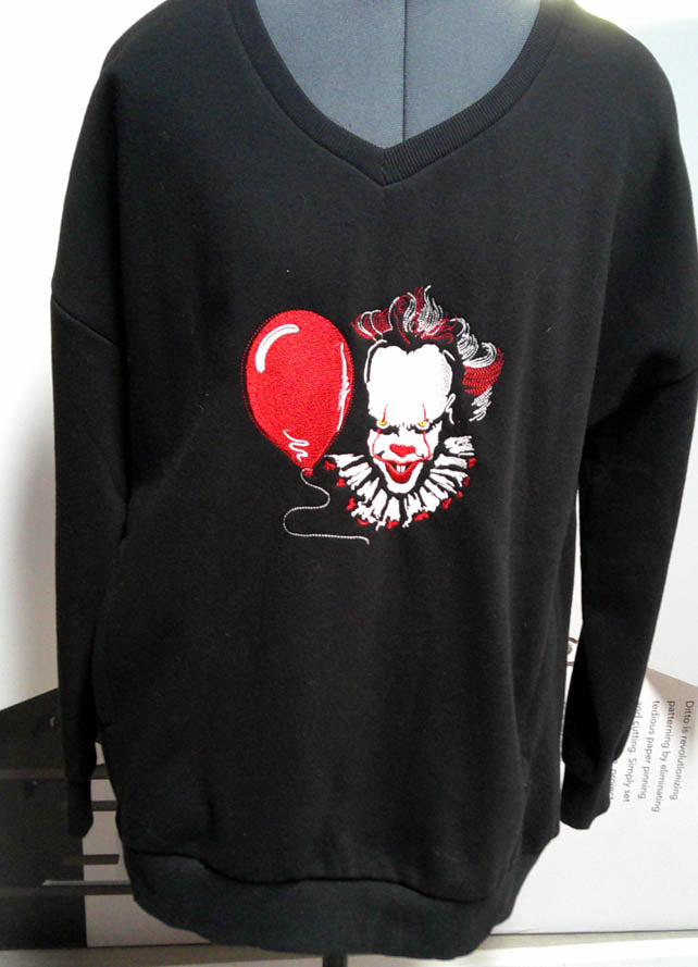 Black V neck one of a kind sweatshirt with machine embroidered evil clown.  FREE SHIPPING Size L