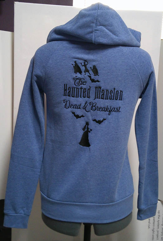 Blue hooded one of a kind sweatshirt with machine embroidered haunted house design. FREE SHIPPING Size S/M