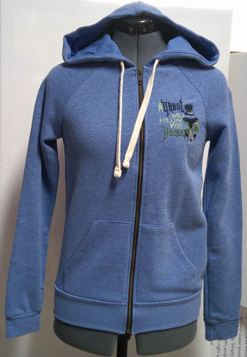 Blue hooded one of a kind sweatshirt with machine embroidered haunted house design. FREE SHIPPING Size S/M
