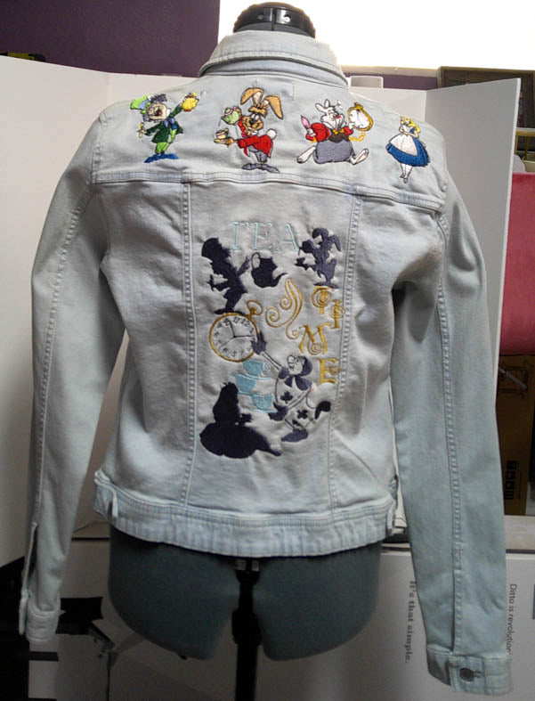 Demin repurposed jacket with fun characters embroidered on the back and front.  Size M Free Shipping