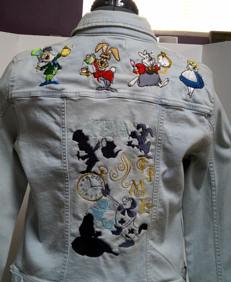 Demin repurposed jacket with fun characters embroidered on the back and front.  Size M Free Shipping