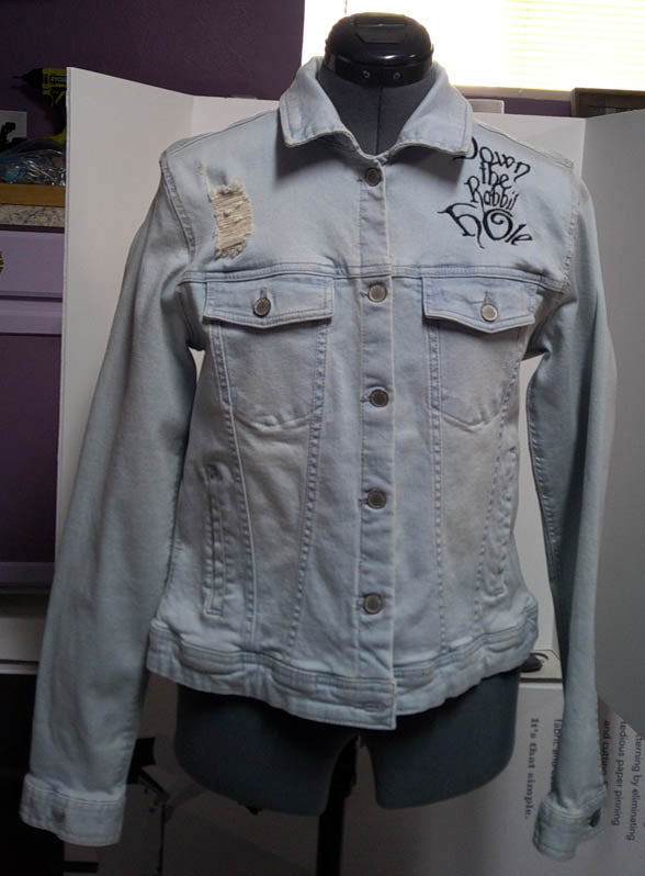 Demin repurposed jacket with fun characters embroidered on the back and front.  Size M Free Shipping