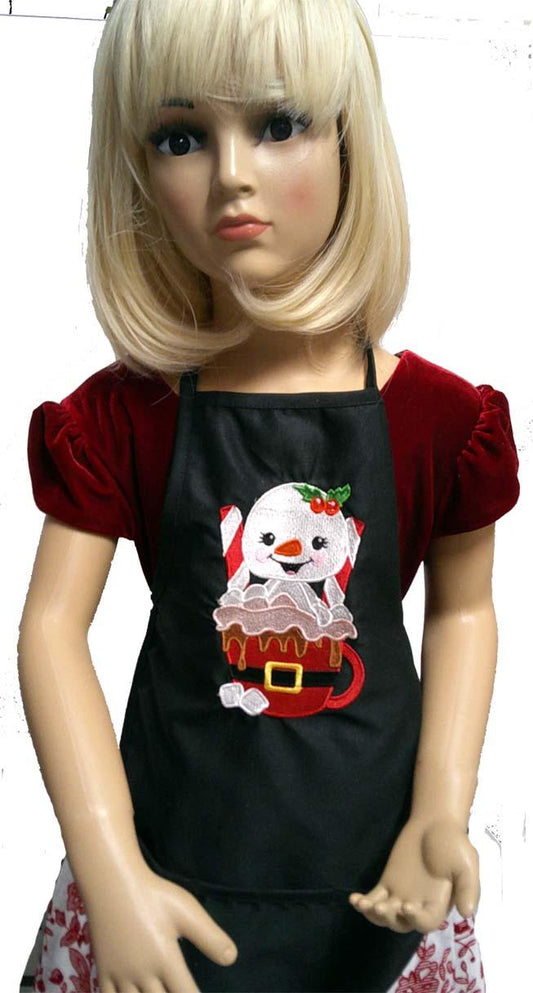 Black child's apron with snowman embroidery design