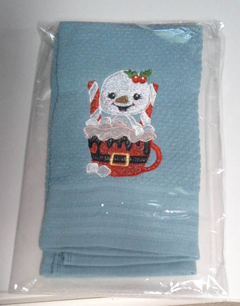 Green kitchen towel with a snowman in a hot chocolate mug  FREE SHIPPING