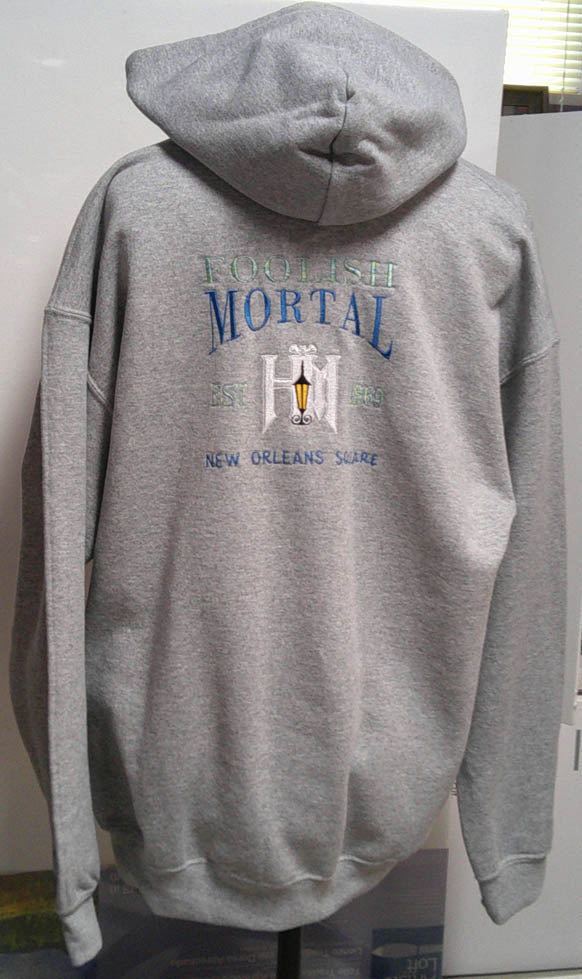 Grey hooded one of a kind sweatshirt machine embroidery haunted house on front and back size L FREE SHIPPING