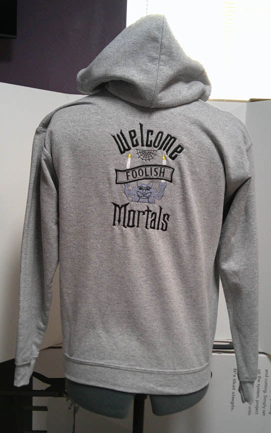 Grey hooded one of a kind sweatshirt with haunted house embroidery on front and back.  Size L FREE SHIPPING L