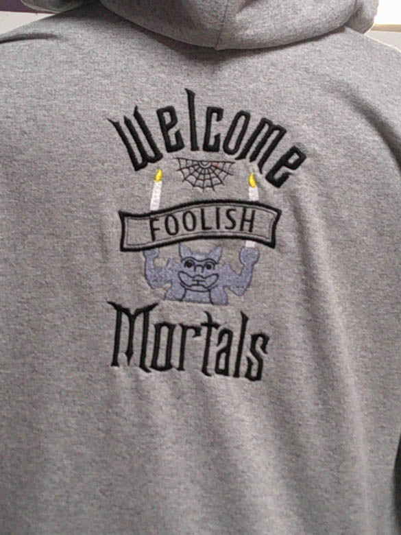 Grey hooded one of a kind sweatshirt with haunted house embroidery on front and back.  Size L FREE SHIPPING L