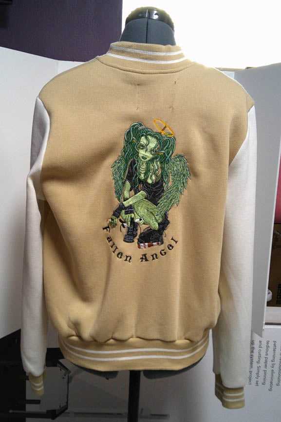 Letterman one of a kind Jacket with embroidered Fallen Angel design on back fairy on front Size L FREE SHIPPING