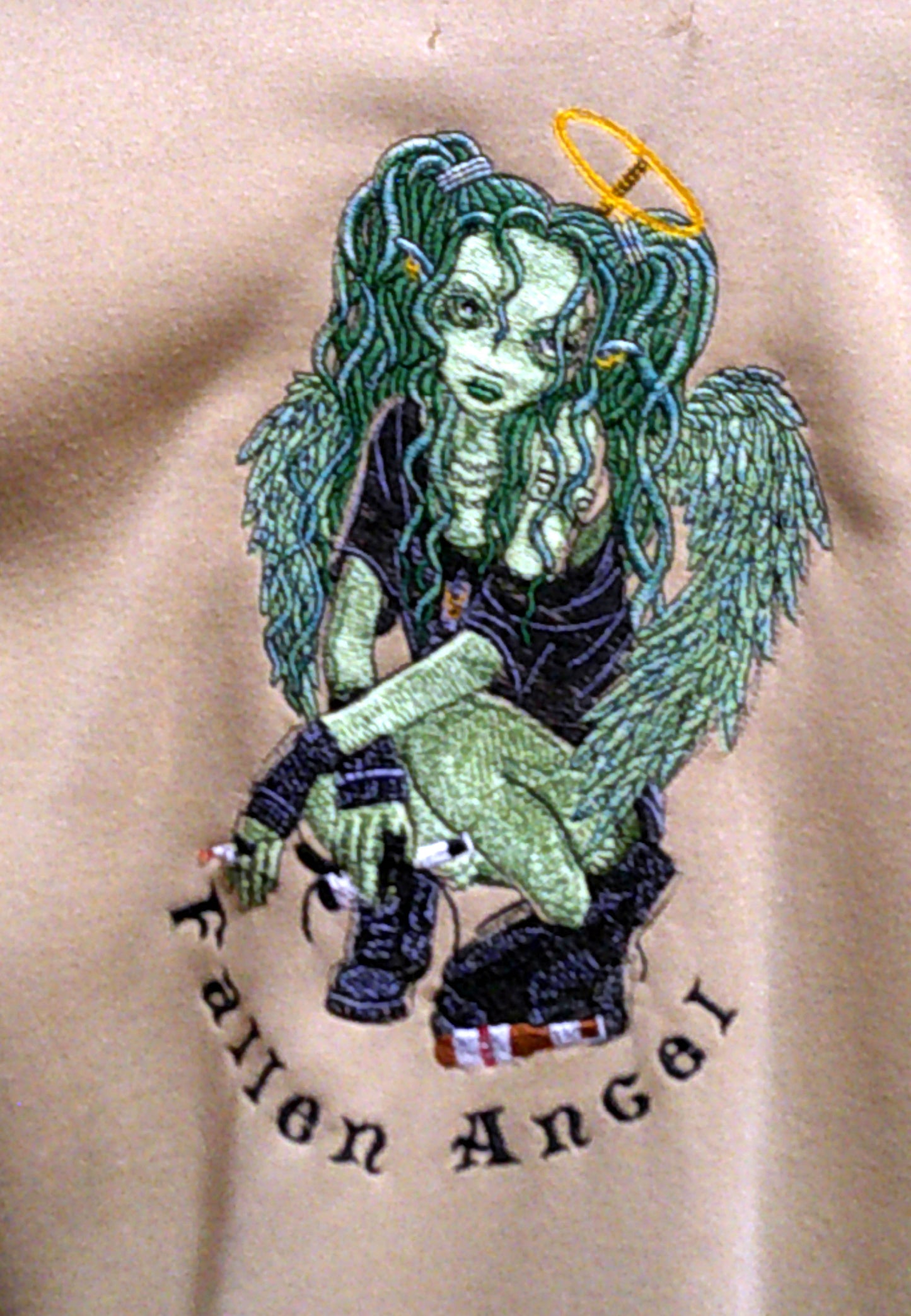 Letterman one of a kind Jacket with embroidered Fallen Angel design on back fairy on front Size L FREE SHIPPING
