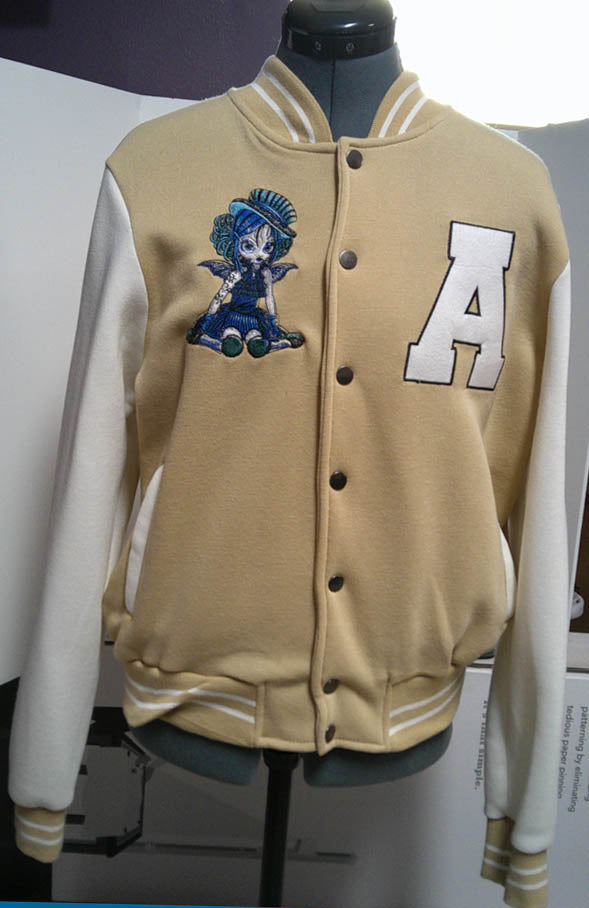 Letterman one of a kind Jacket with embroidered Fallen Angel design on back fairy on front Size L FREE SHIPPING