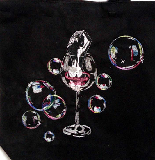 Black canvas tote with naked lady in wine glass