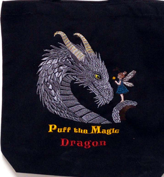 Black canvas tote with dragon and child