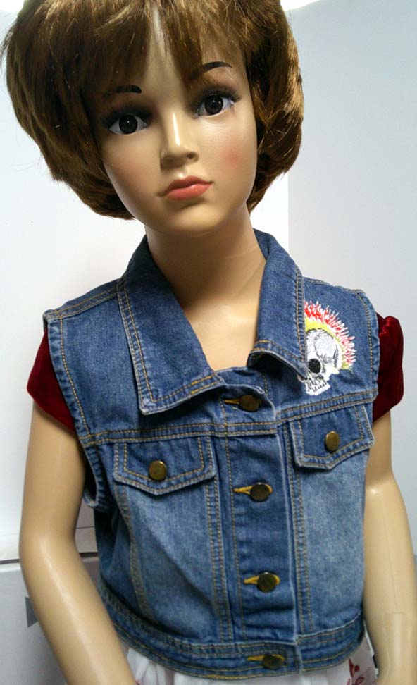 Child's denim sleeveless jacket with punk embroidered motif