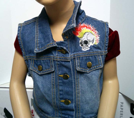 Child's denim sleeveless jacket with punk embroidered motif