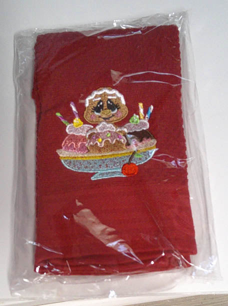 Red kitchen towel with gingerbread man in a banana split  FREE SHIPPING