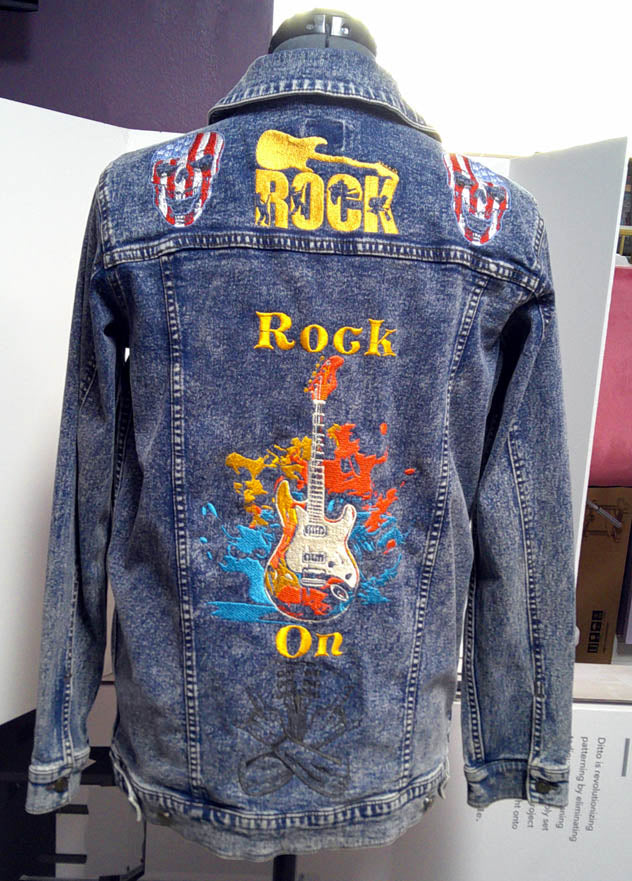 Repurposed one of a kind denim jacket with Rock motif embroidered on front and back Size XL FREE SHIPPING