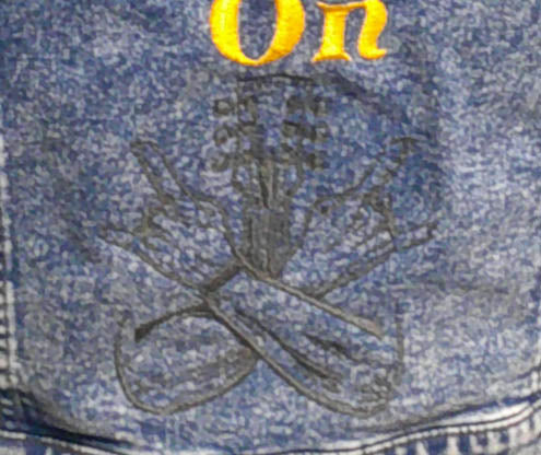 Repurposed one of a kind denim jacket with Rock motif embroidered on front and back Size XL FREE SHIPPING