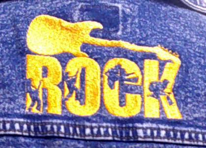 Repurposed one of a kind denim jacket with Rock motif embroidered on front and back Size XL FREE SHIPPING