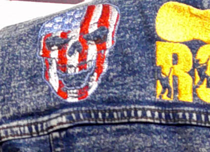 Repurposed one of a kind denim jacket with Rock motif embroidered on front and back Size XL FREE SHIPPING