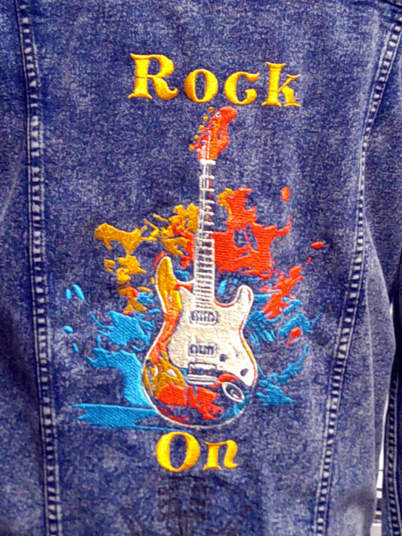 Repurposed one of a kind denim jacket with Rock motif embroidered on front and back Size XL FREE SHIPPING