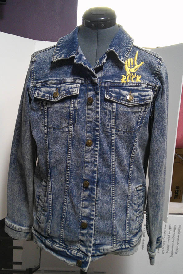 Repurposed one of a kind denim jacket with Rock motif embroidered on front and back Size XL FREE SHIPPING