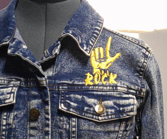 Repurposed one of a kind denim jacket with Rock motif embroidered on front and back Size XL FREE SHIPPING