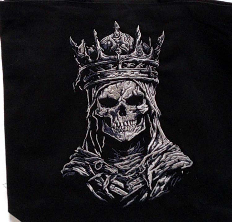 Black canvas tote with skeleton head