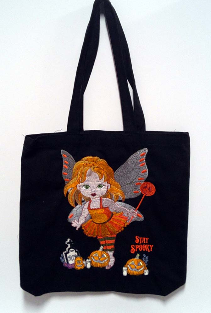 Black canvas tote with little girl fairy