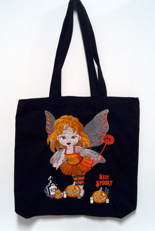 Black canvas tote with little girl fairy