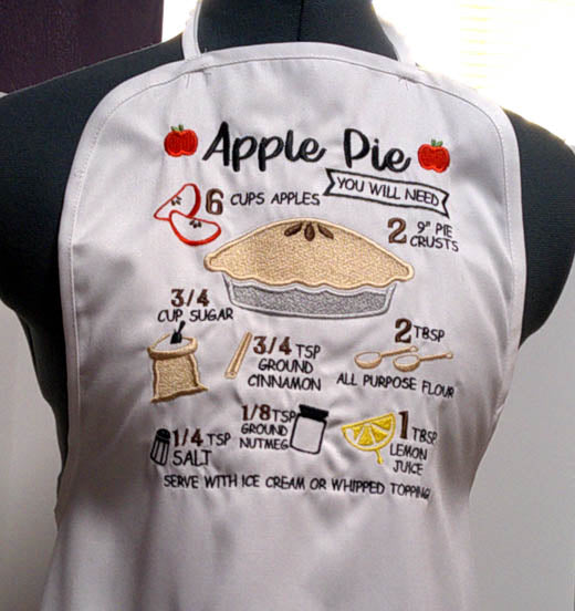 White adult sized apron with Apple Pie recipe embroidered on the front FREE SHIPPNG