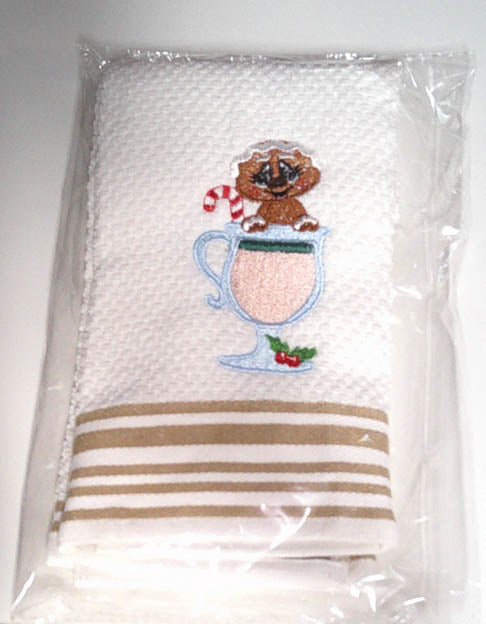 White kitchen towel with embroidered gingerbread man in mug FREE SHIPPING