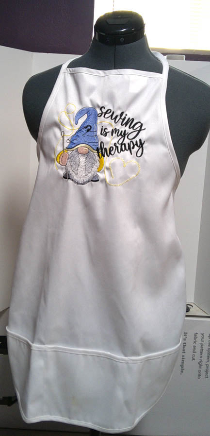 White adult sewing apron with embroidered Gnome sewing FREE SHIPPING