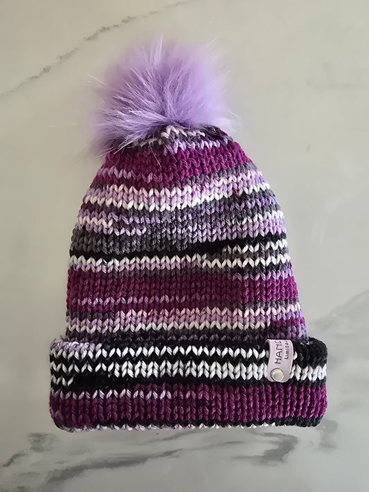 Varigated purple yarn revserible beanie.